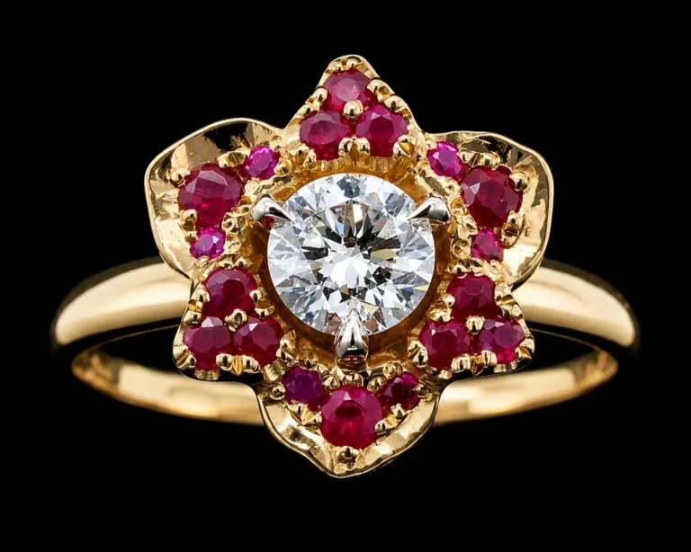 Pierścionek z diamentem 0.5 ct i rubinami w motywie róży