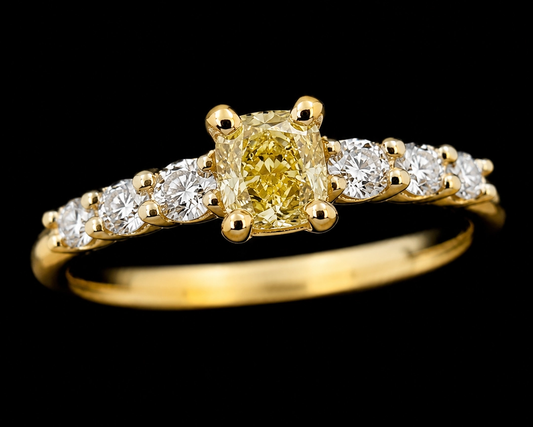 Pierścionek z naturalnym żółtym diamentem Fancy Intense Yellow