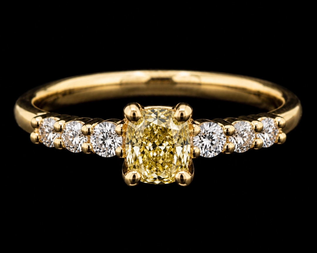 Pierścionek z naturalnym żółtym diamentem Fancy Intense Yellow